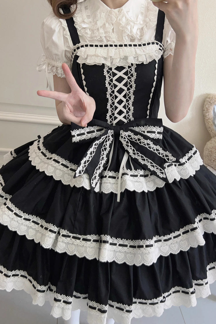 Black Maiden Heart Triple Layer Ruffle Bow Lace Sweet Jsk