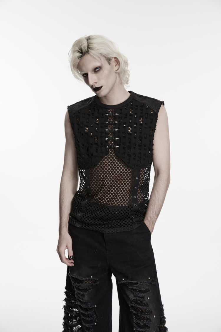 Noir Punk Sleeveless with Torn Mesh and Studded Details