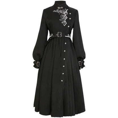 Elegant Black Vintage Embroidery Belted Pleated Dress