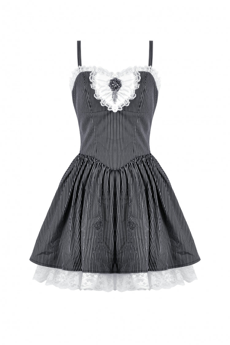 Black/White Pinstriped Sleeveless Lace Lace-Up Women's Gothic Lolita Slip Dress Graduation Dress