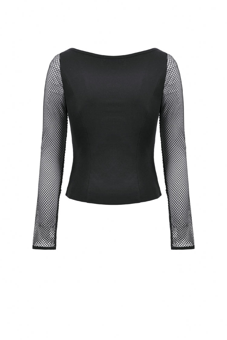 Long-Sleeve Punk Top with Buckled Straps and Mesh Panels