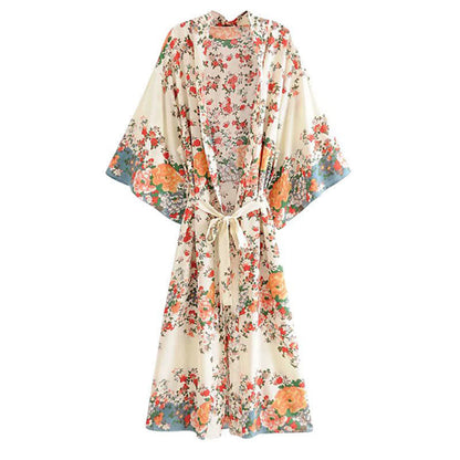 Boho Beach Print Belt Robe Long Cardigan Outerwear