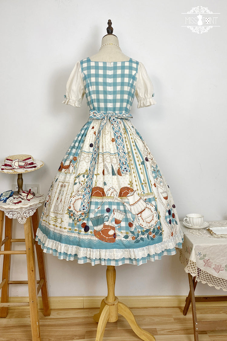 Tea Party Print Short-Sleeve Ruffle Bowknot Elegant Lolita Dress