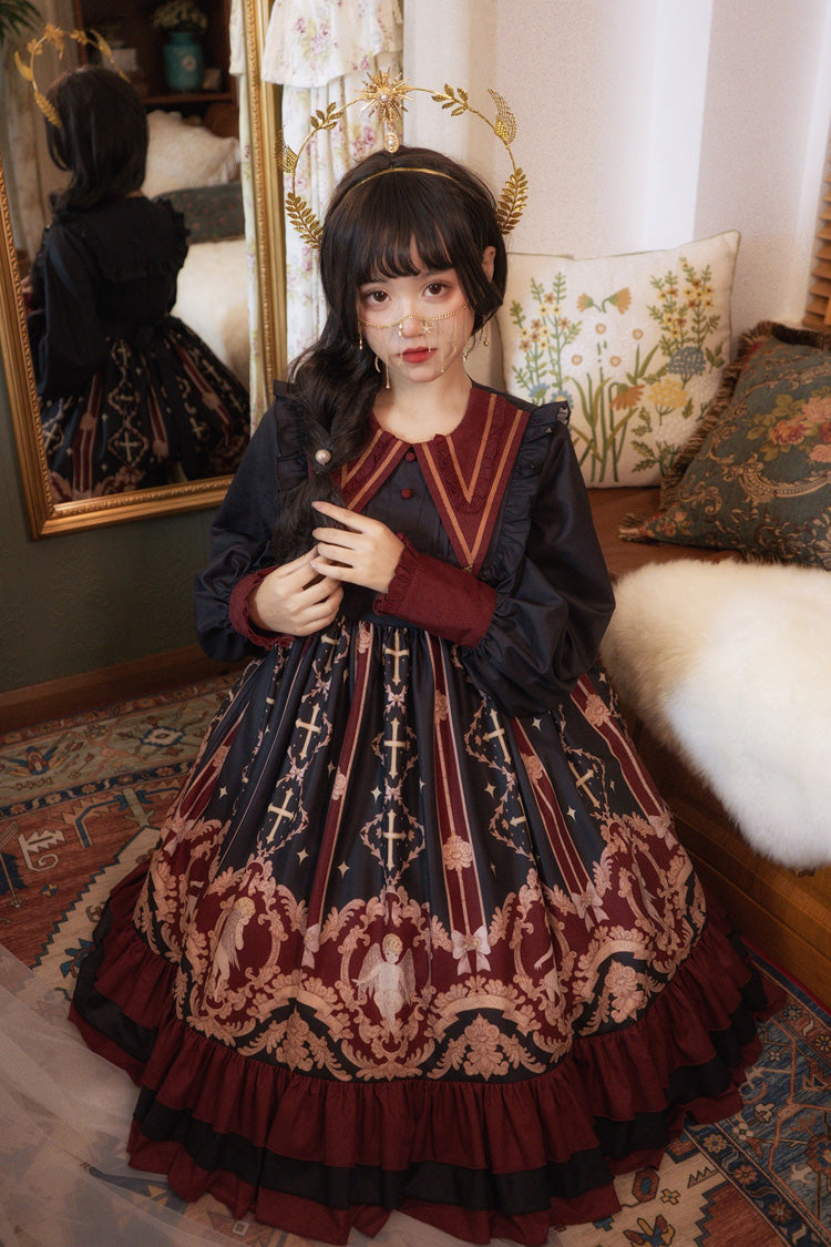Angel Print Long Sleeve Sweet Lolita Dress with Bow and Ruffles