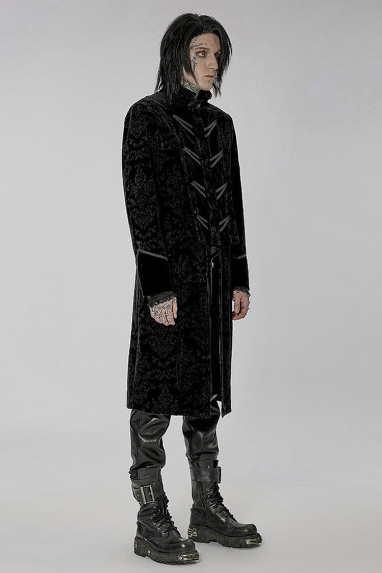 Velveteen Print Stand-Collar Lace-Trimmed Punk Long Coat