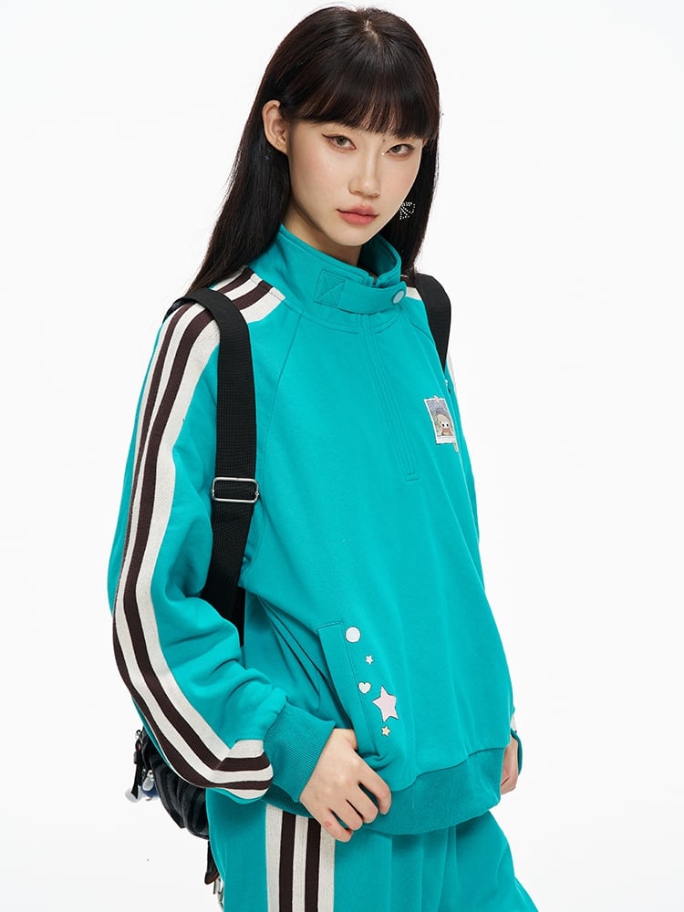 Blue High Neck Sporty Sweatshirt