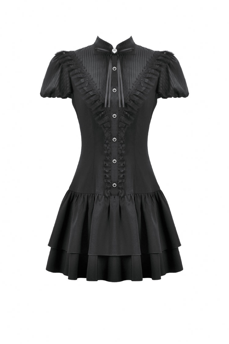 Black Short Sleeves Pleated Bow-Trim Lace Lace-Up Women's Lolita Gothic Dress