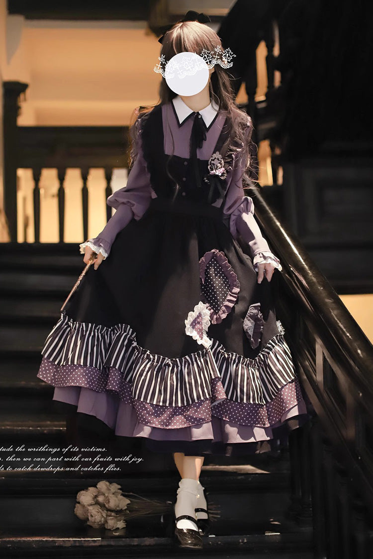 Noir Striped Double Layer Ruffle Bow Irregular JSK - Witch Academy