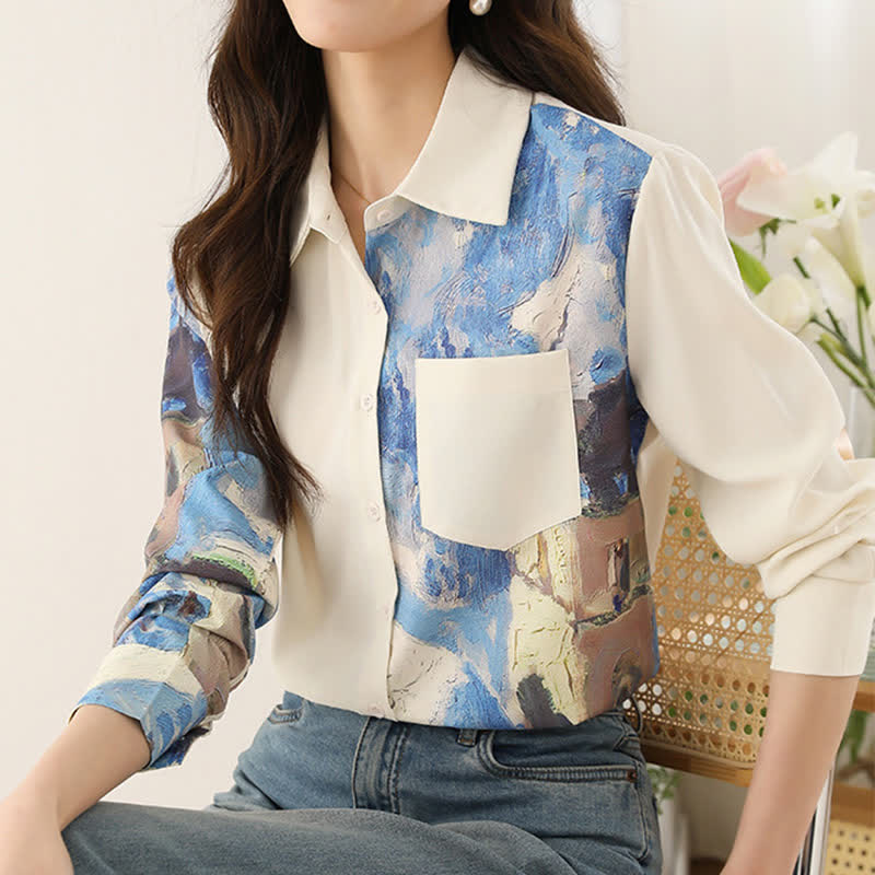 Irregular Printing Chiffon Pocket Lapel Shirt