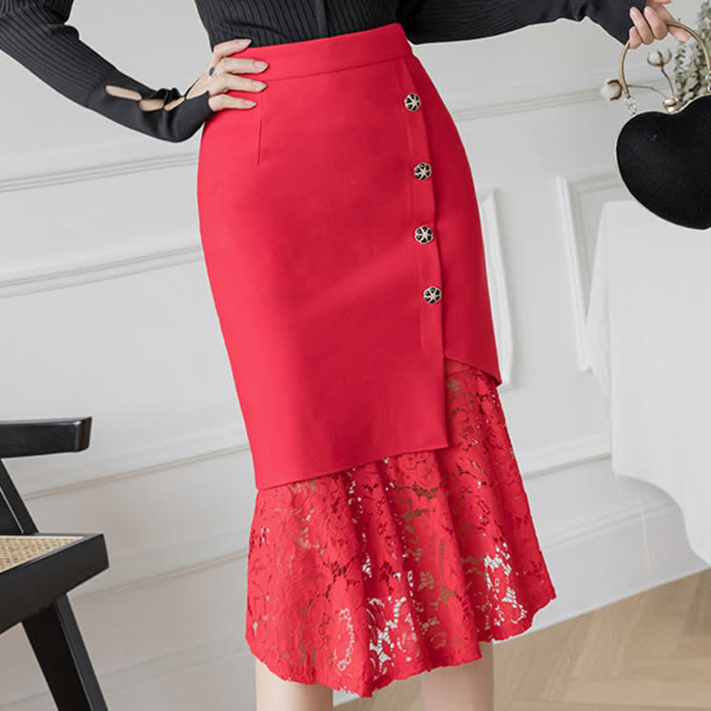 Elegant Lace Stitching Button Front Skirt