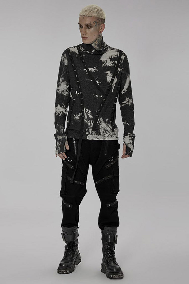 Monochrome Punk Shirt with Metal Buckles, Side Buttons, and Tie Dye