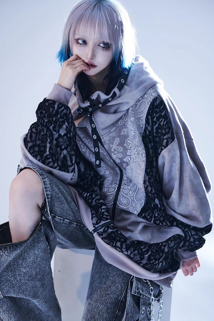Color Blocked Tie-Dye Hooded Zip Coat with Print