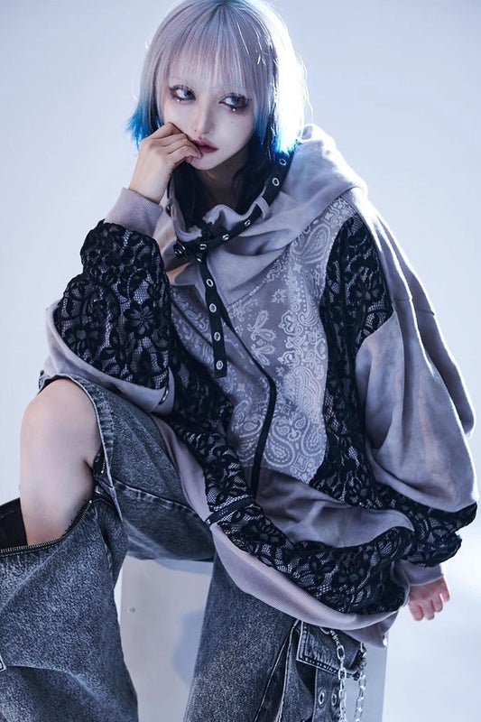 Color Blocked Tie-Dye Hooded Zip Coat with Print