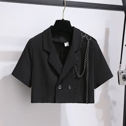 Black Chain Lapel Crop Blazer Irregular Belted Pleated Skirt