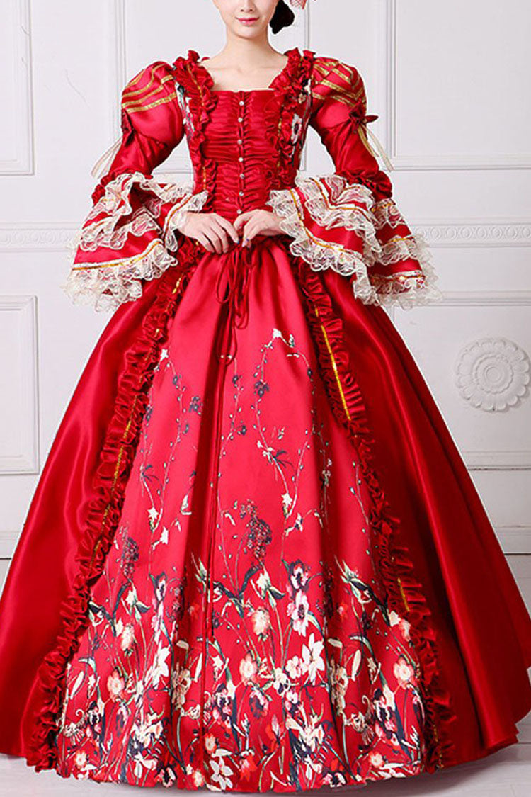 Victorian Lolita Prom Dress with Floral Print, Trumpet Sleeves, High Waist