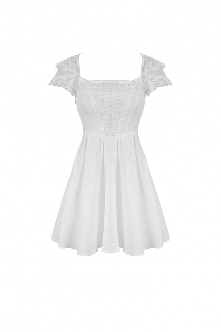 Ivory Layered Lace Square Neckline Strappy Gothic Mini Dress for Women