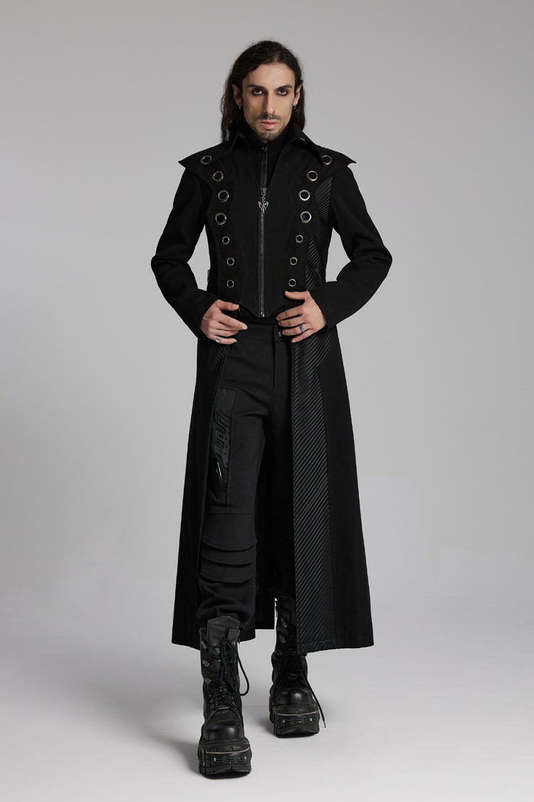 Noir Metallic Ring Zip Long-Sleeve Punk Overcoat for Men