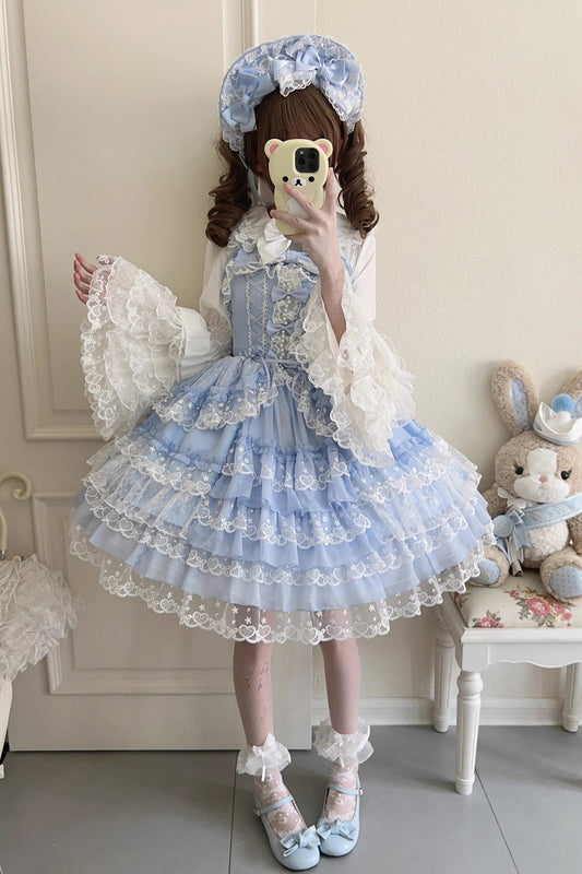 Blue Love Overture Multilayer Ruffled Bowknot Lace Sweet Lolita JSK