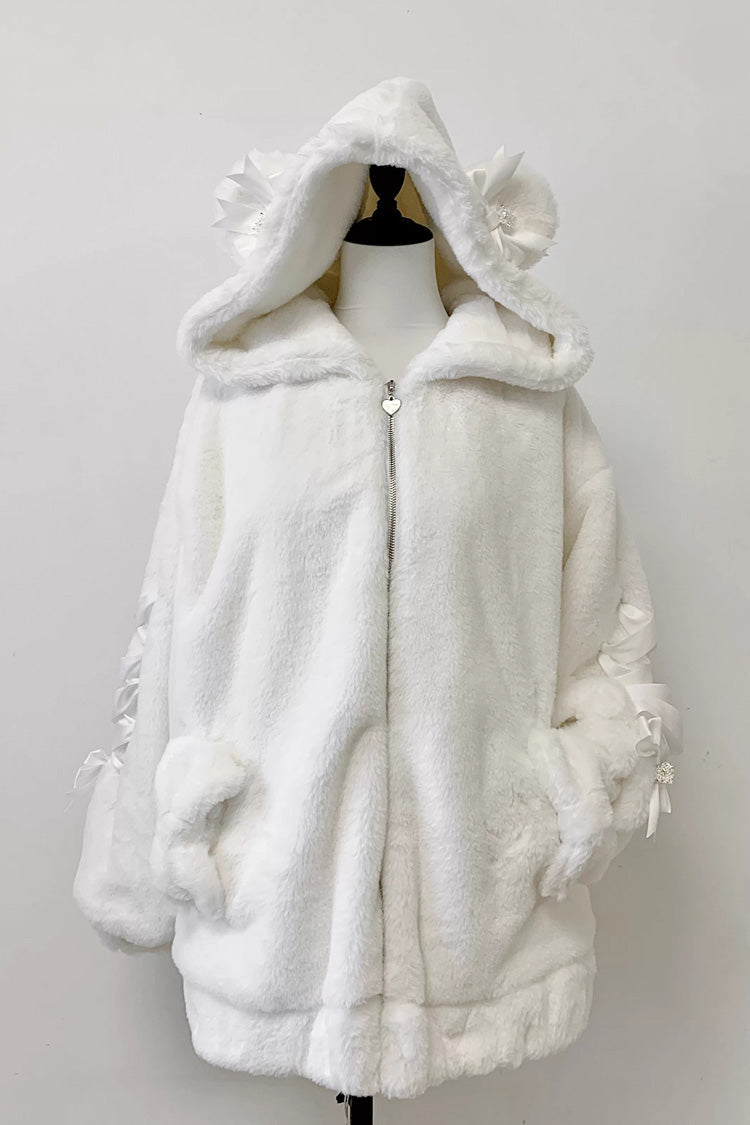 Bear Ears Long Sleeves Bow Lace-Up Hooded Zippered Sweet Jirai Kei Coat