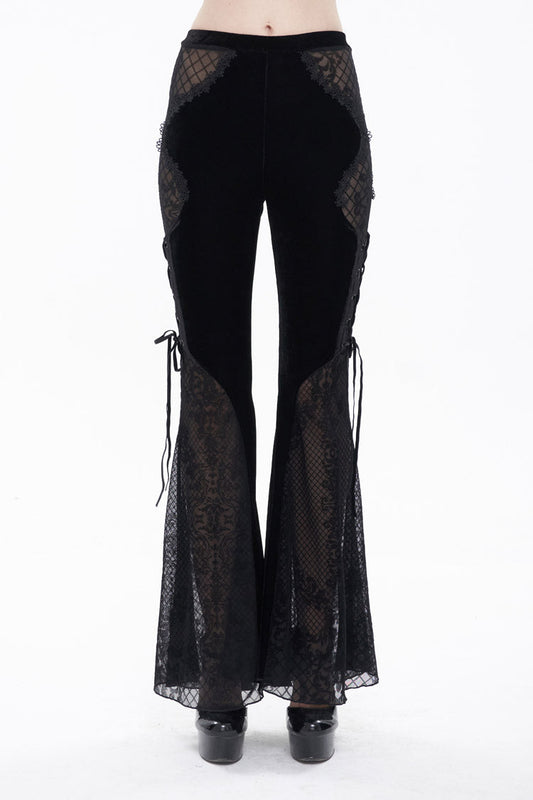 Velvet Jacquard Lace-Up Flared Gothic Trousers with Plaid Accents