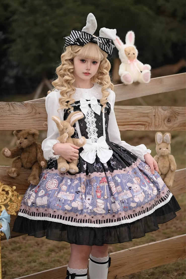 Black Alice’s Fantasy Tale Square Collar Sleeveless Printed Bow Gothic Dress