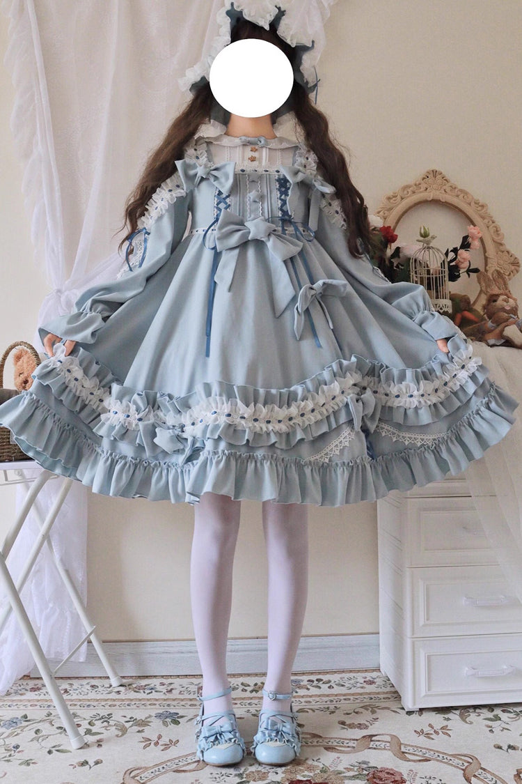 Multi-Color Sweet Lolita Long Sleeve Ruffle Embroidery Bowknot Dress 3 Colors