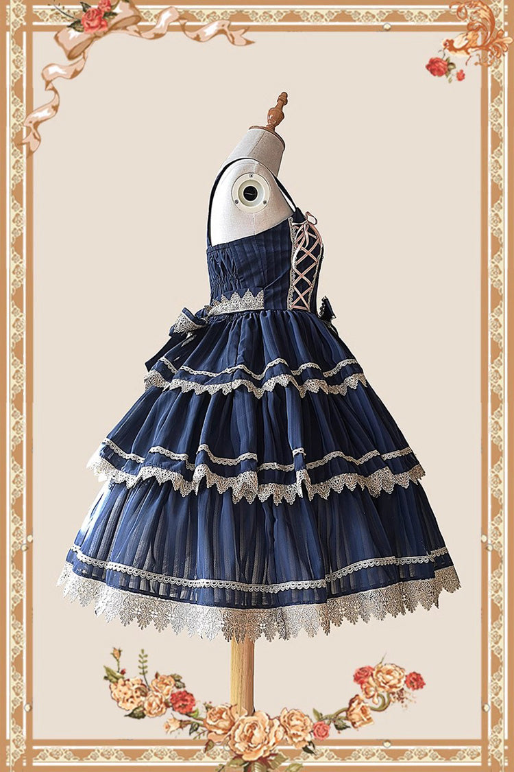 Dark Blue Three-Tiered Sweet Lolita Dress with Ribbon and Sleeveless