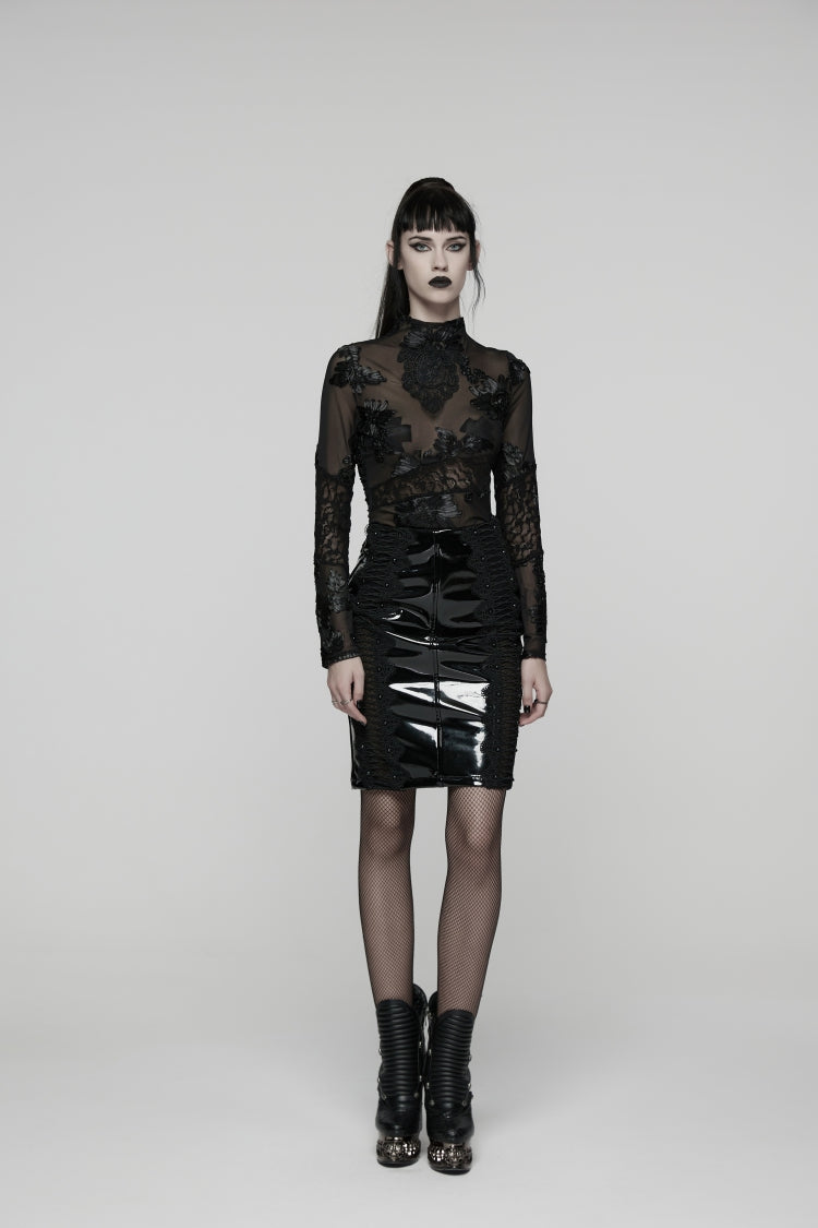 Noir Lace-Trimmed Faux Leather Gothic Midi Skirt - Dark Elegance
