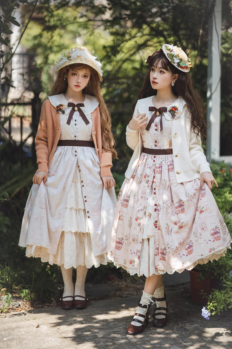Lantern Sleeve OP Dress with Floral Print - Sweet Lolita