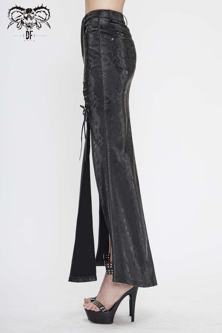 Leather-Like Side Slit Skirt with Lace-Up Rivets - Black Punk Long