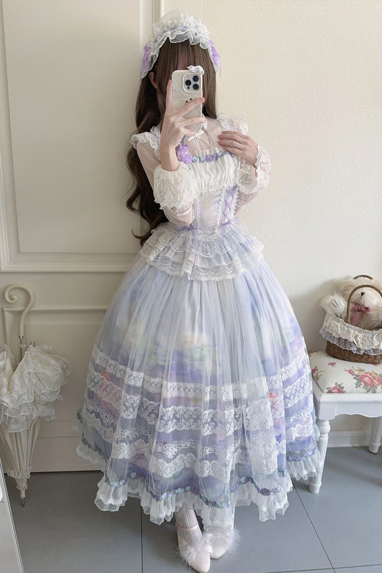 Light Purple Mist-shrouded Vineyard Sleeveless Ruffle Lace-Up Jsk Dress