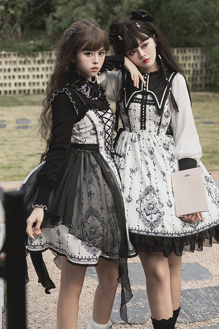 Monochrome Lace Butterfly Print Gothic Lolita One-Piece Dress