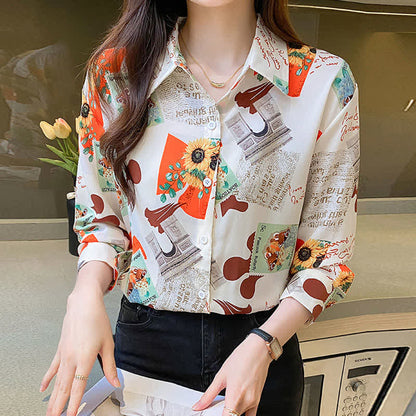 Chic Floral Letter Print Chiffon Shirt Workwear