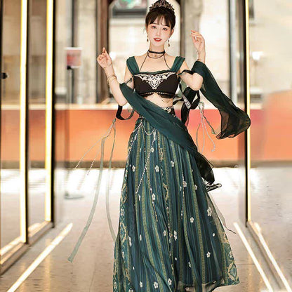 Fascinating  Embroidery Top Pearl Chain Decor High Waist Skirt