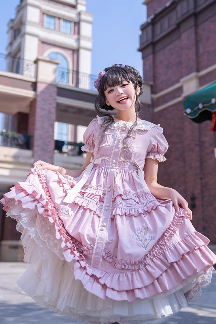Pink Doll Collar Dress with Iris Embroidery - Sweet