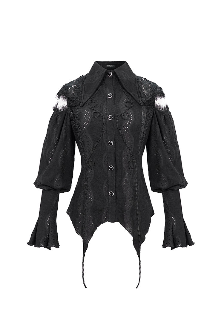 Women's Gothic Blouse in Black with Webbing Appliques, Lantern Sleeves & Back Lace-Up