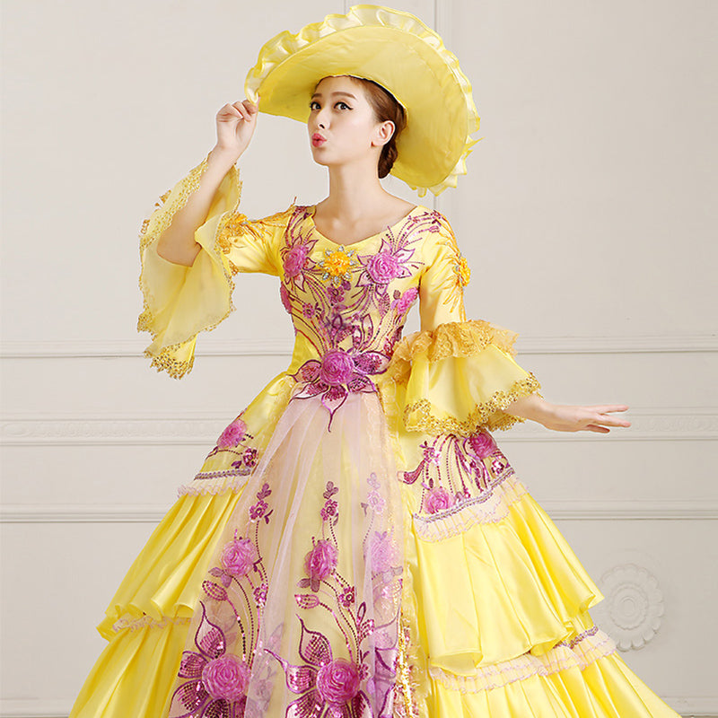 Yellow Victorian Dress with Hime Sleeves and Lace Embroidery - Altfashion Shop