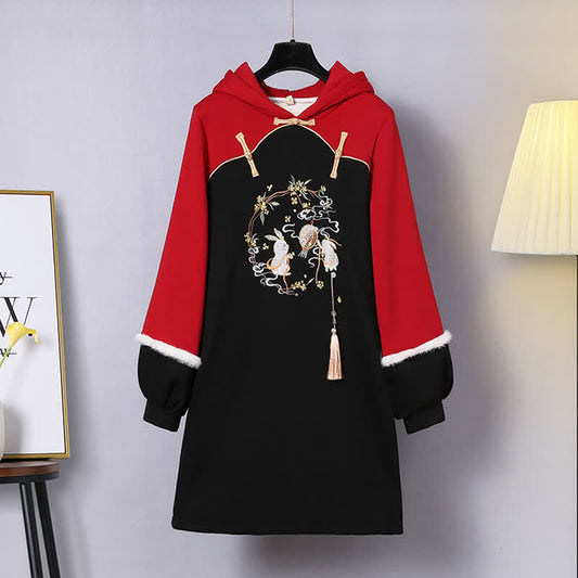 Vintage Bunny Tassel Plush Hooded Sweatshirt Dress