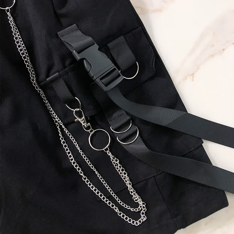 Casual Strap Pocket Tie Lapel T-Shirt Wide Leg Chain Cargo Shorts