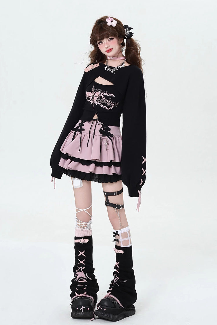 Rebellious Period Double-Layered Ruffle Lace-Up Gothic Japanese Skirt