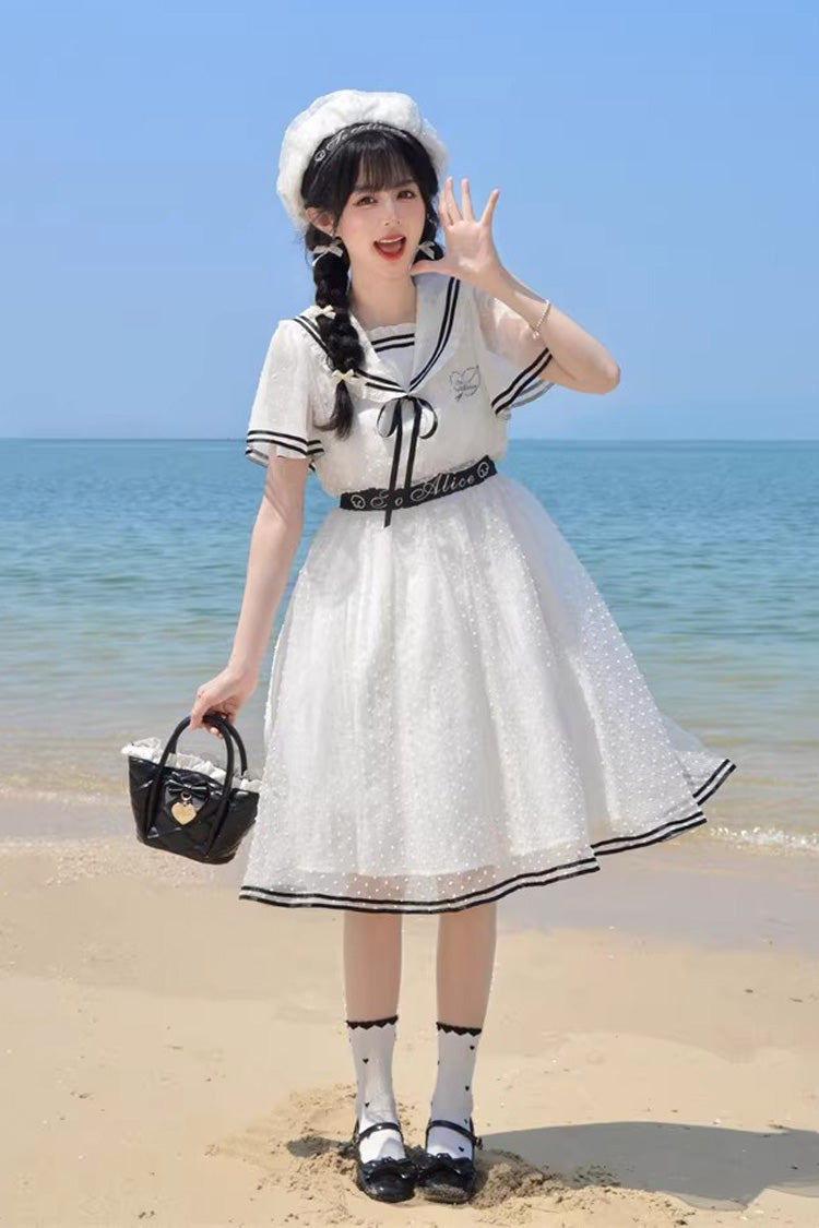 White Seaside Sweetheart Chiffon Navy Collar Short Sleeves Ruffled Lace-Up Slim Sailor Sweet Dress