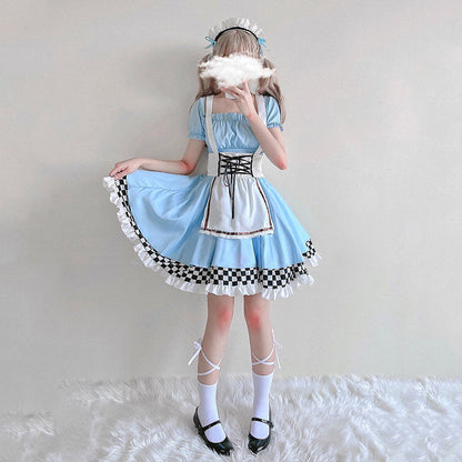 Blue Lace Up Lattice Rulffled Lolita Dress