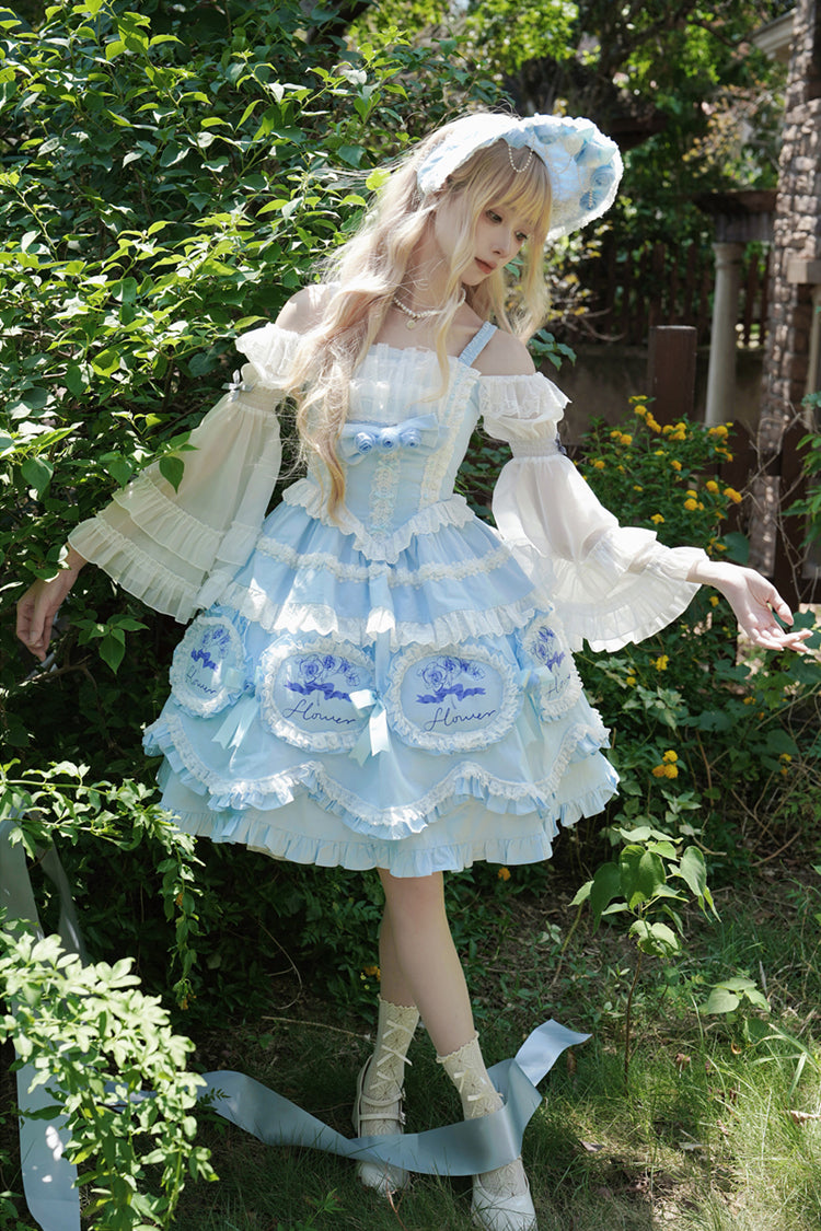 Blue Butterfly Dream Print Ruffled Bowknot Sweet Princess Lolita JSK