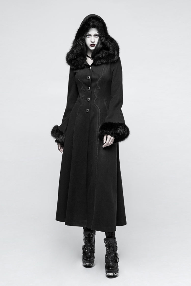 Gothic Hooded Single-Breasted Maxi Long Coat with Print for Women