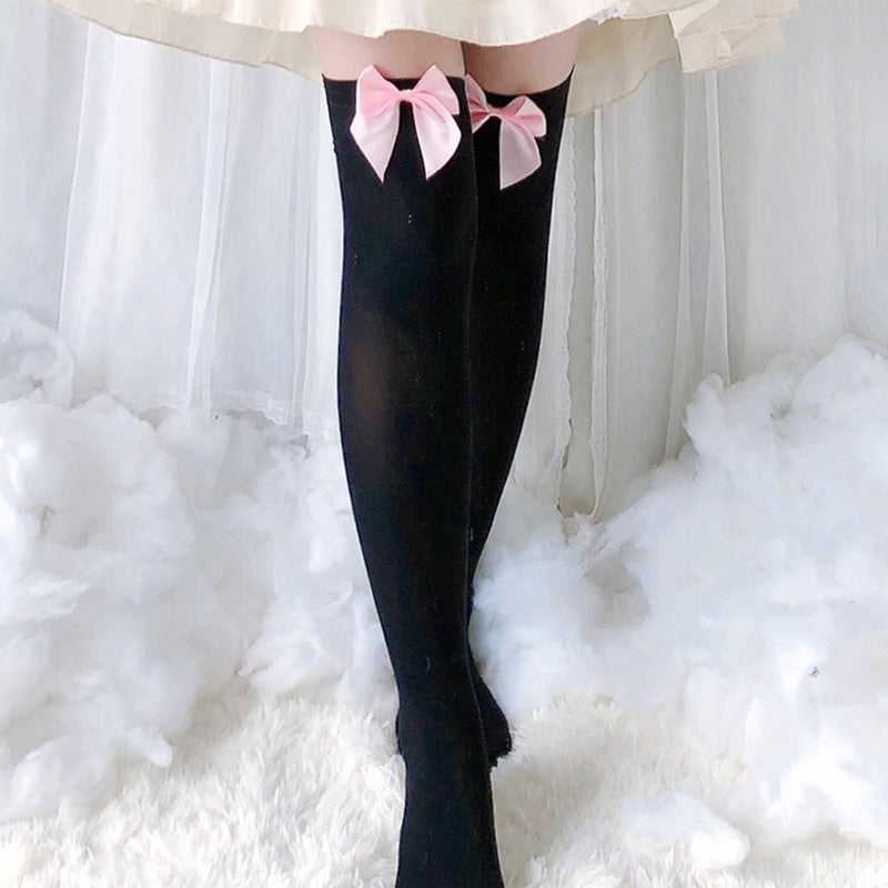 Bow Decor Pure Color Lolita Stockings