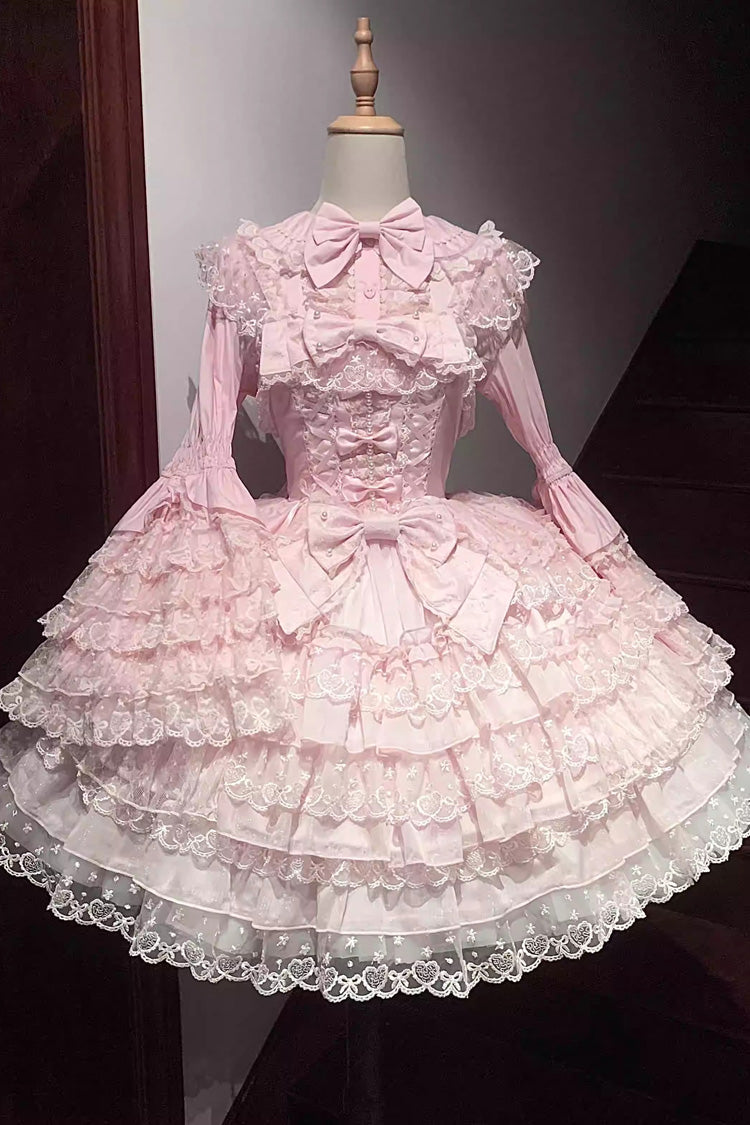 Pink Love Overture Multilayer Ruffled Bowknot Lace Sweet Lolita JSK