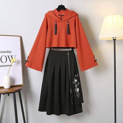 Tassel Hoodie Vintage Sweatshirt Skirt Set