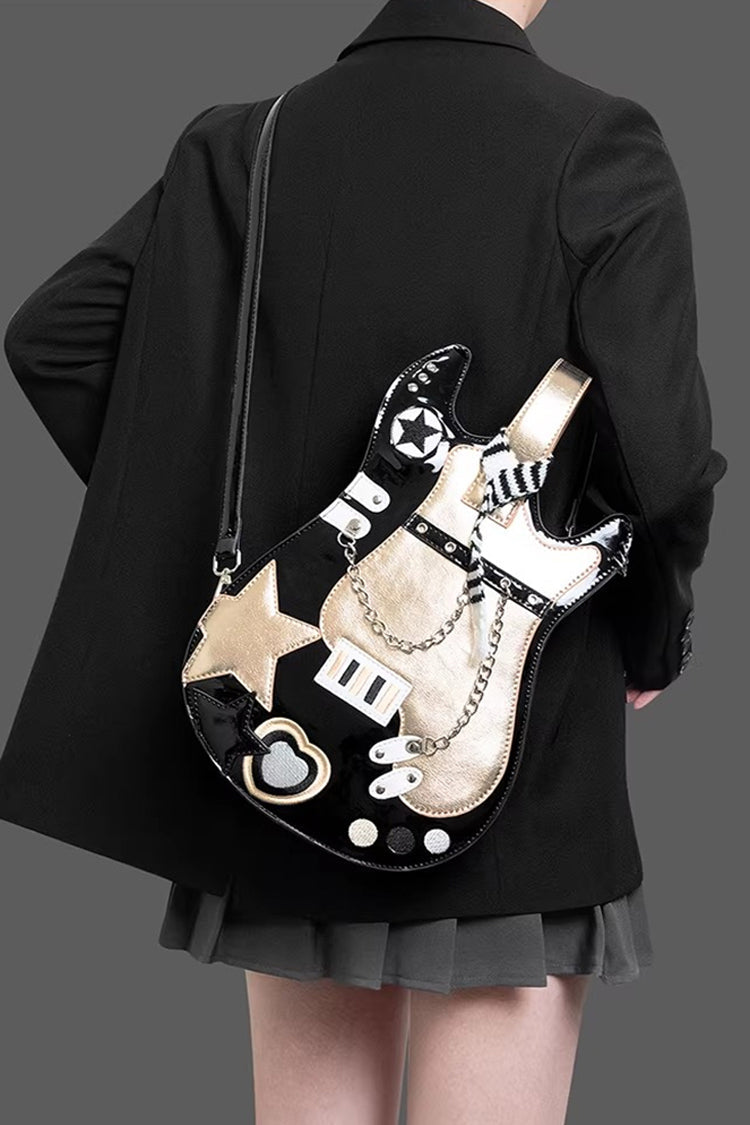 Embroidered Itabag with Guitar Heart and Chain, Color-Block Sweet Lolita