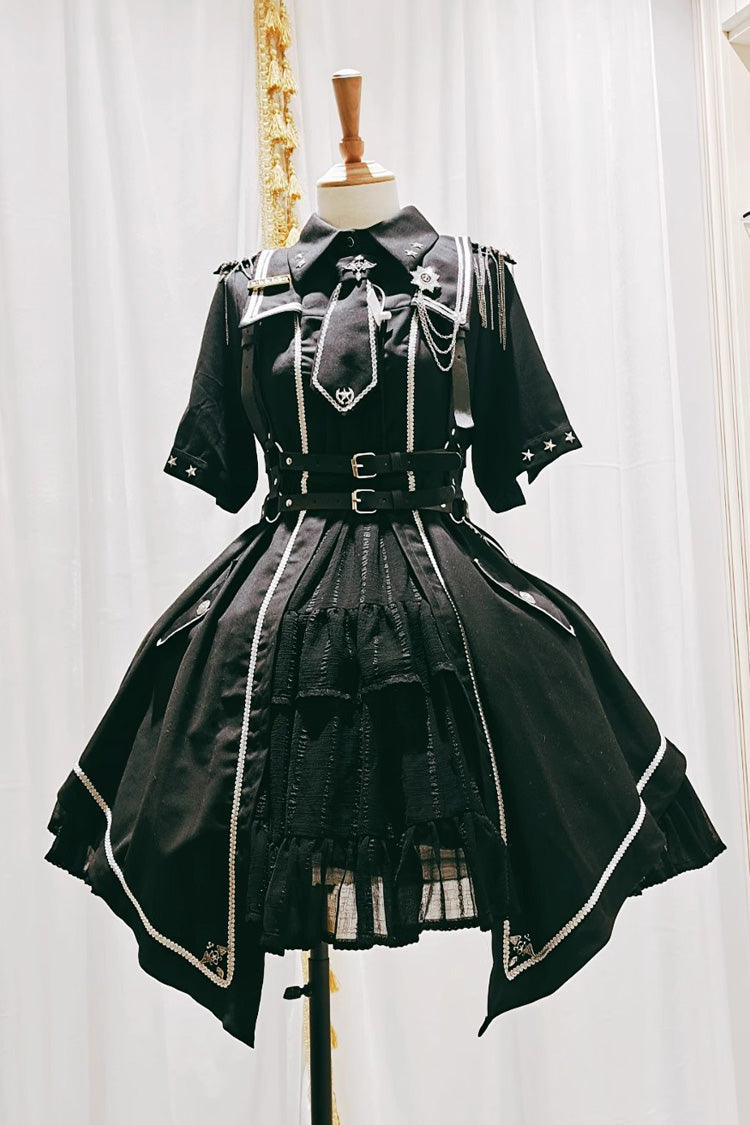 Military-Style Gothic Dress with Cardigan and Lace Accents
