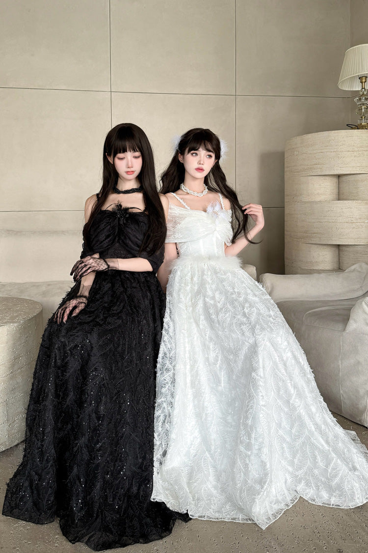 White Off Shoulder Jacquard Embroidered Bow Gothic Lolita Jsk Dress - Moonlight